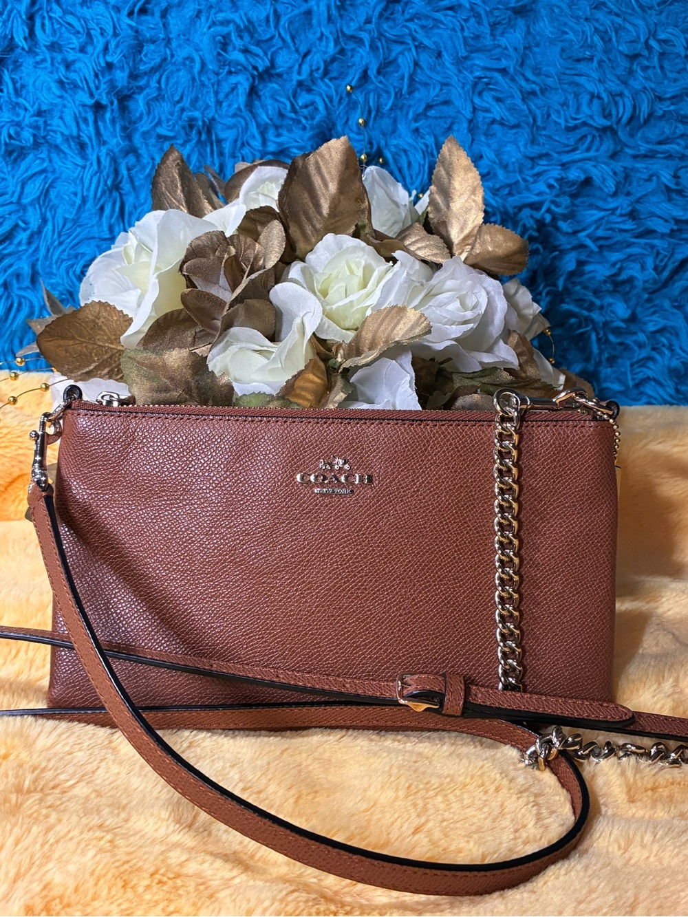 Coach Tan Pebbled Leather Crossbody with Gold Chain